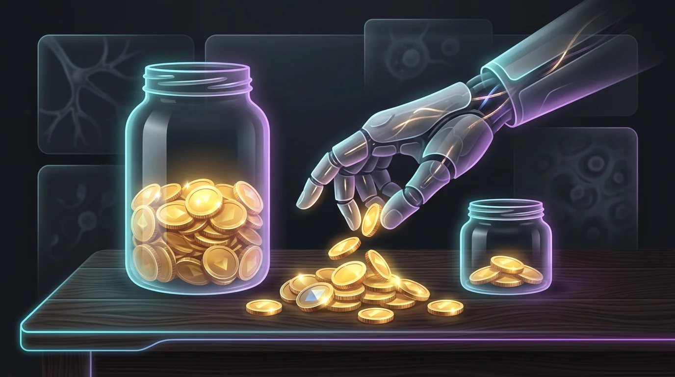 Hand separating gold coins into two glass jars to illustrate allocating an emergency fund into a high-yield account.