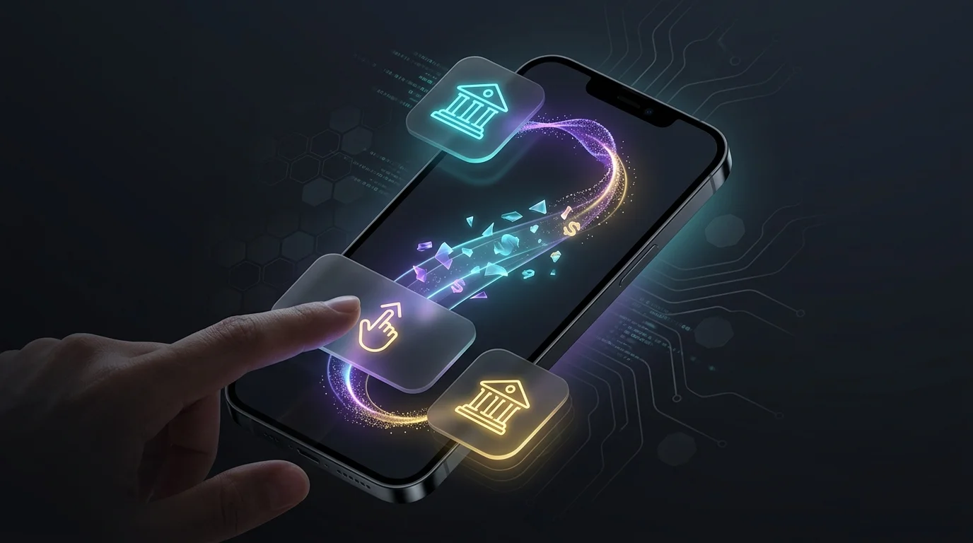 Hand using a smartphone app to initiate a digital money transfer for funding a stock brokerage account.
