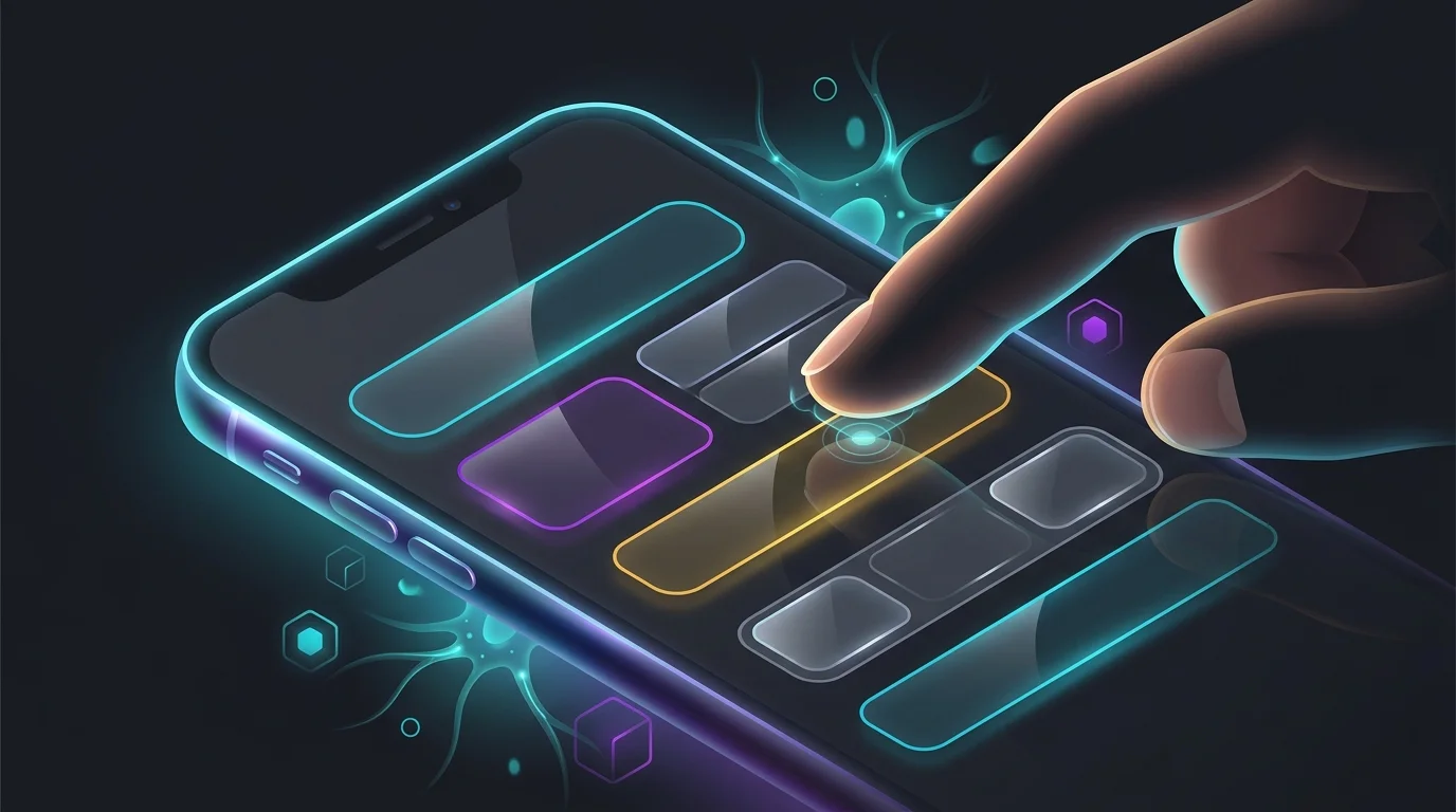 Finger tapping a smartphone screen to enter ticker symbol and quantity details in a stock trading app.