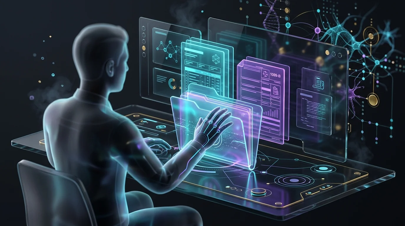Person organizing digital trade confirmations and a 1099-B tax form for online stock reporting.