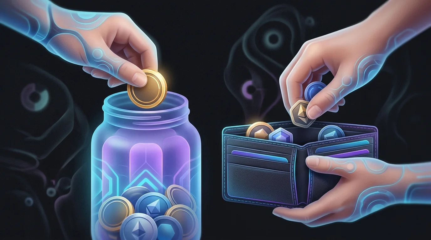A hand prioritizing savings by placing a gold coin into a jar before setting aside cash for monthly budget expenses.