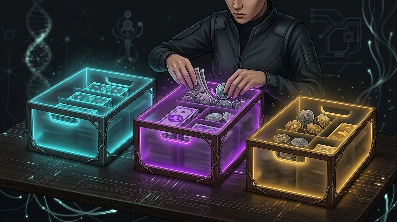 Person sorting cash into three wooden crates to organize fixed, variable, and irregular monthly budget expenses.