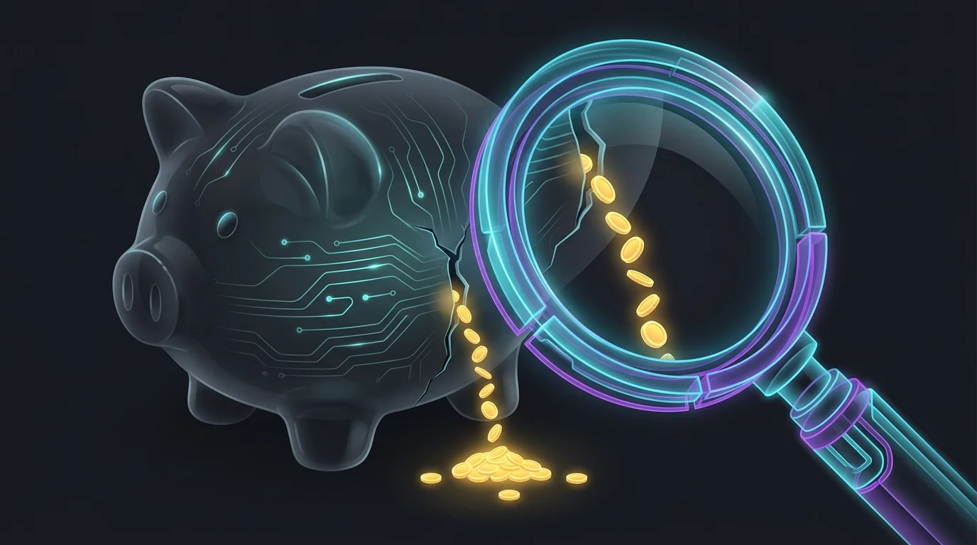 Magnifying glass over a cracked piggy bank showing how hidden fees erode financial advisor investment returns.