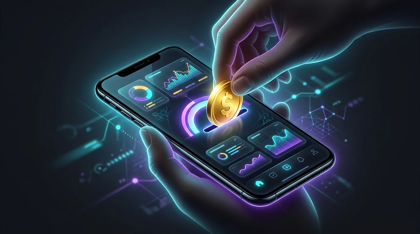 Hand depositing a gold coin into a digital brokerage app to begin investing in ETFs.