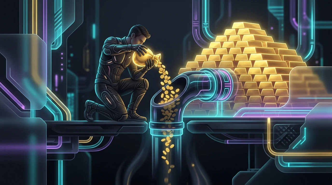 Coins leaking through a drain represent how high ETF expense ratios slowly erode your long-term investment returns.