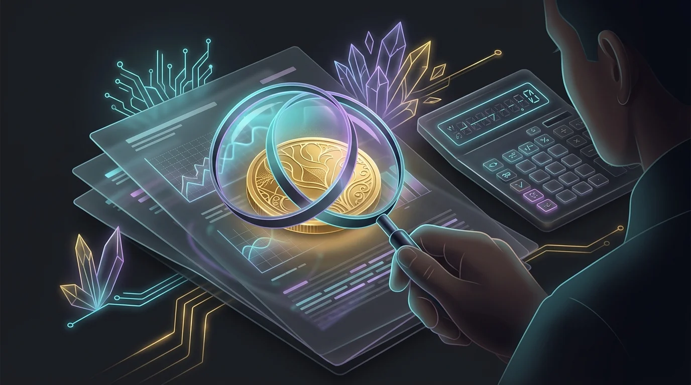 Magnifying glass examining a gold coin on financial documents to calculate intrinsic value for value investing.