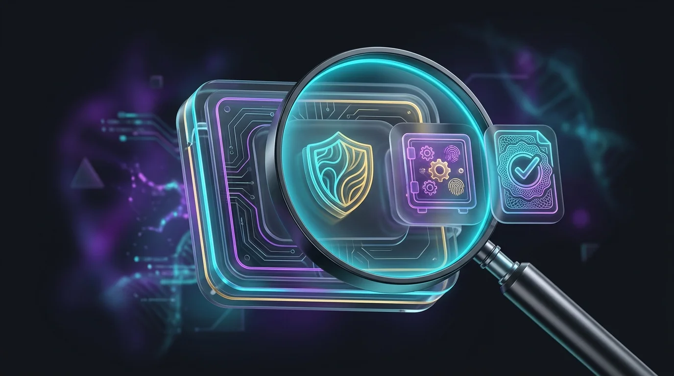Magnifying glass inspecting a digital wallet showing security icons to help choose a regulated tokenized asset platform.