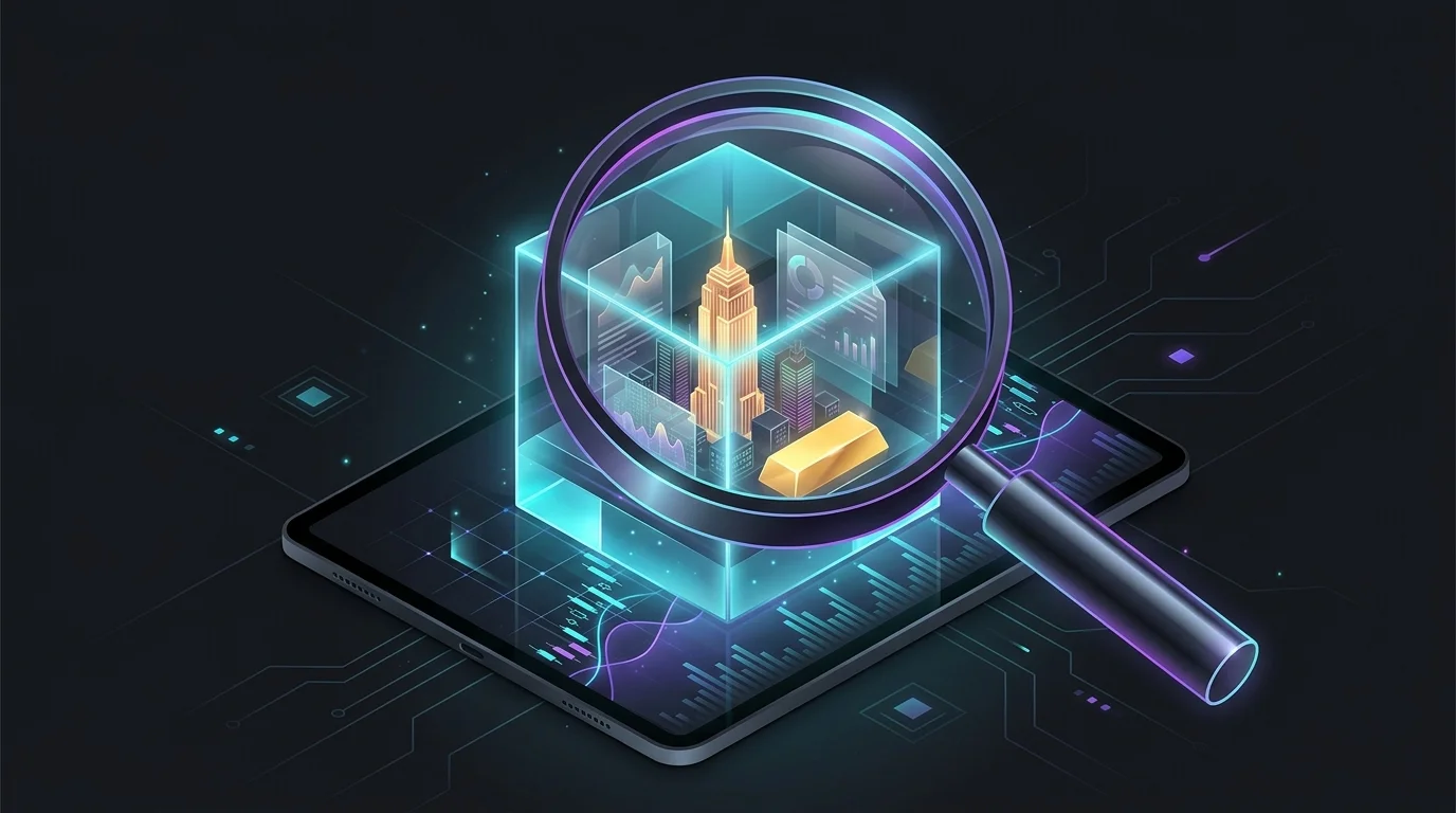 Magnifying glass inspecting a tokenized real estate, equity, and commodity asset on a digital market chart.