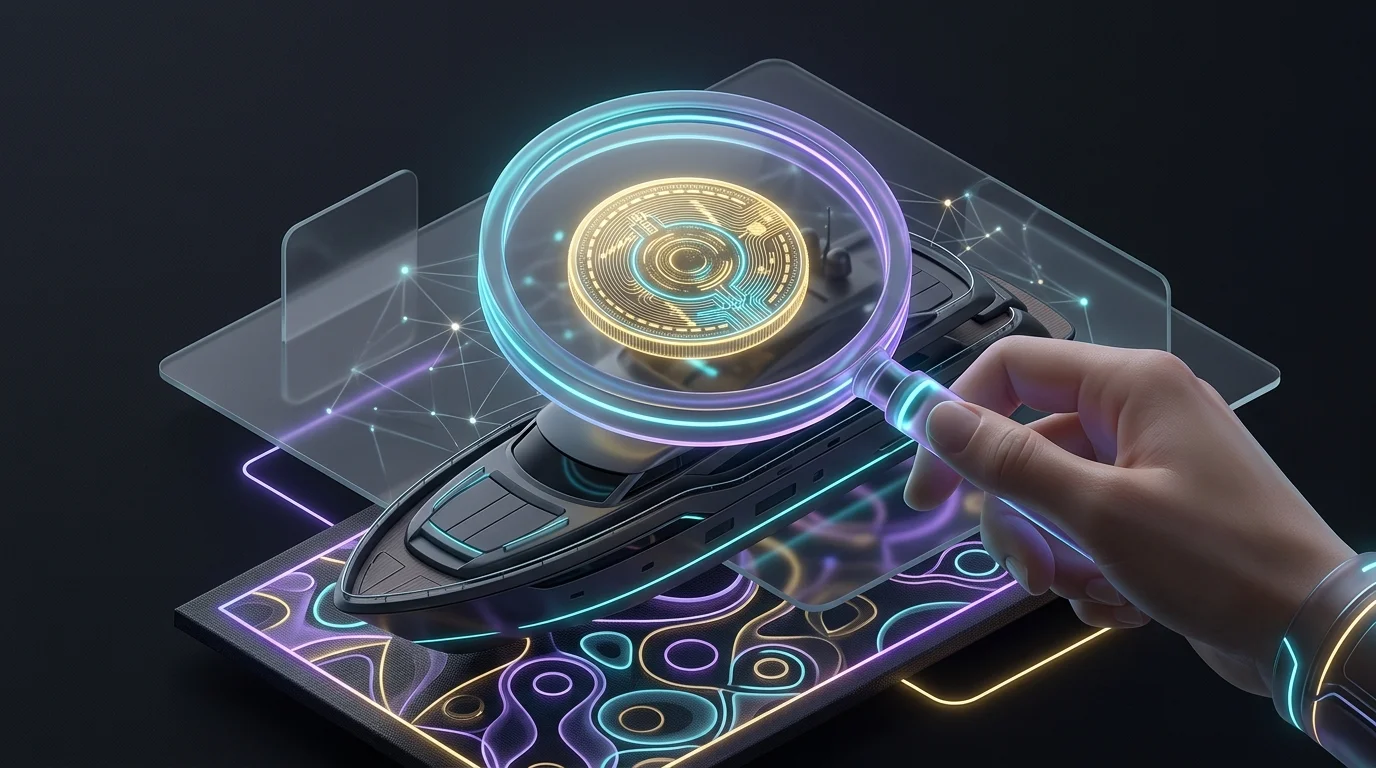Magnifying glass inspecting a digital gold coin on a luxury yacht and art to evaluate tokenized asset opportunities.