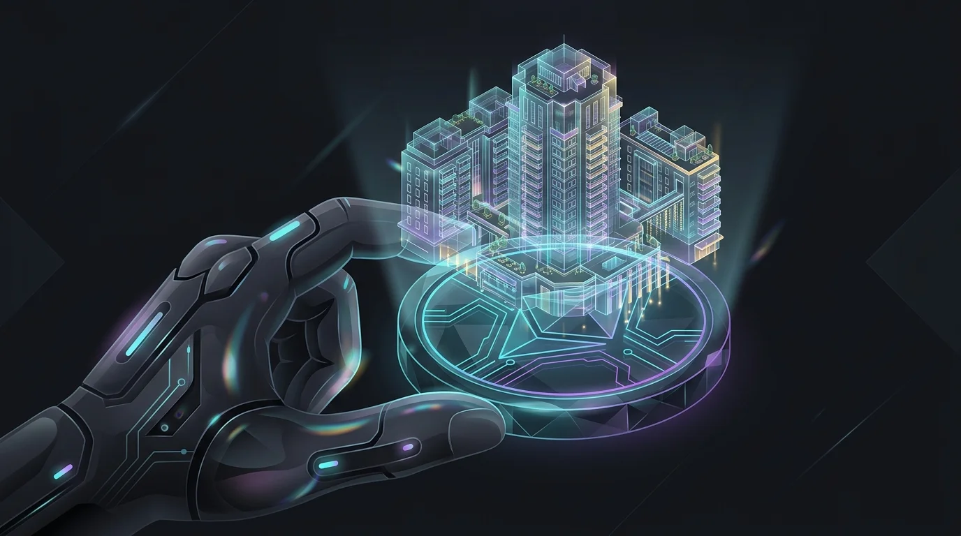 Hand holding a glowing digital coin projecting a holographic apartment building to represent a tokenized real estate asset.