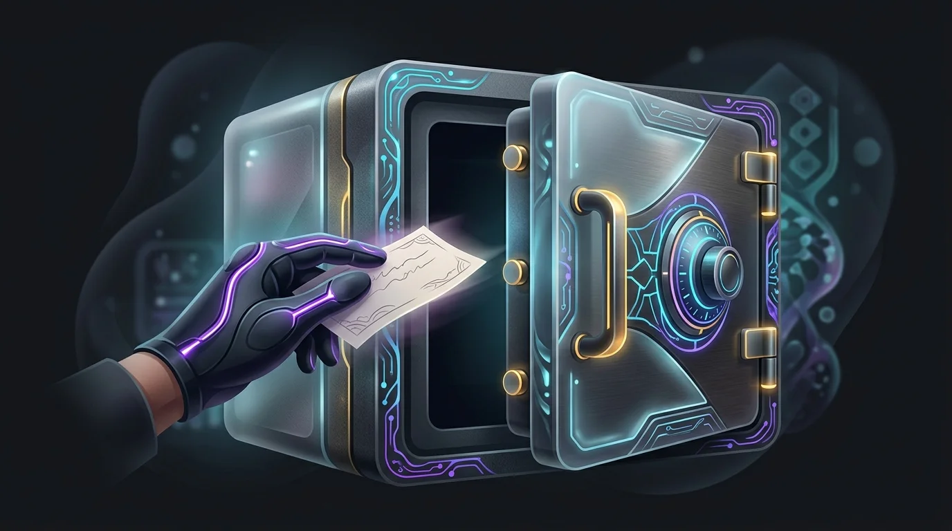 Hand placing a handwritten seed phrase into a fireproof safe for secure digital wallet backup and recovery.