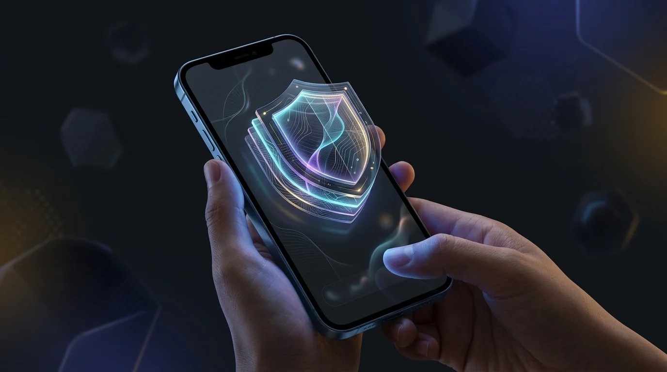 Smartphone displaying a digital wallet interface with a glowing shield icon representing secure encryption protection.