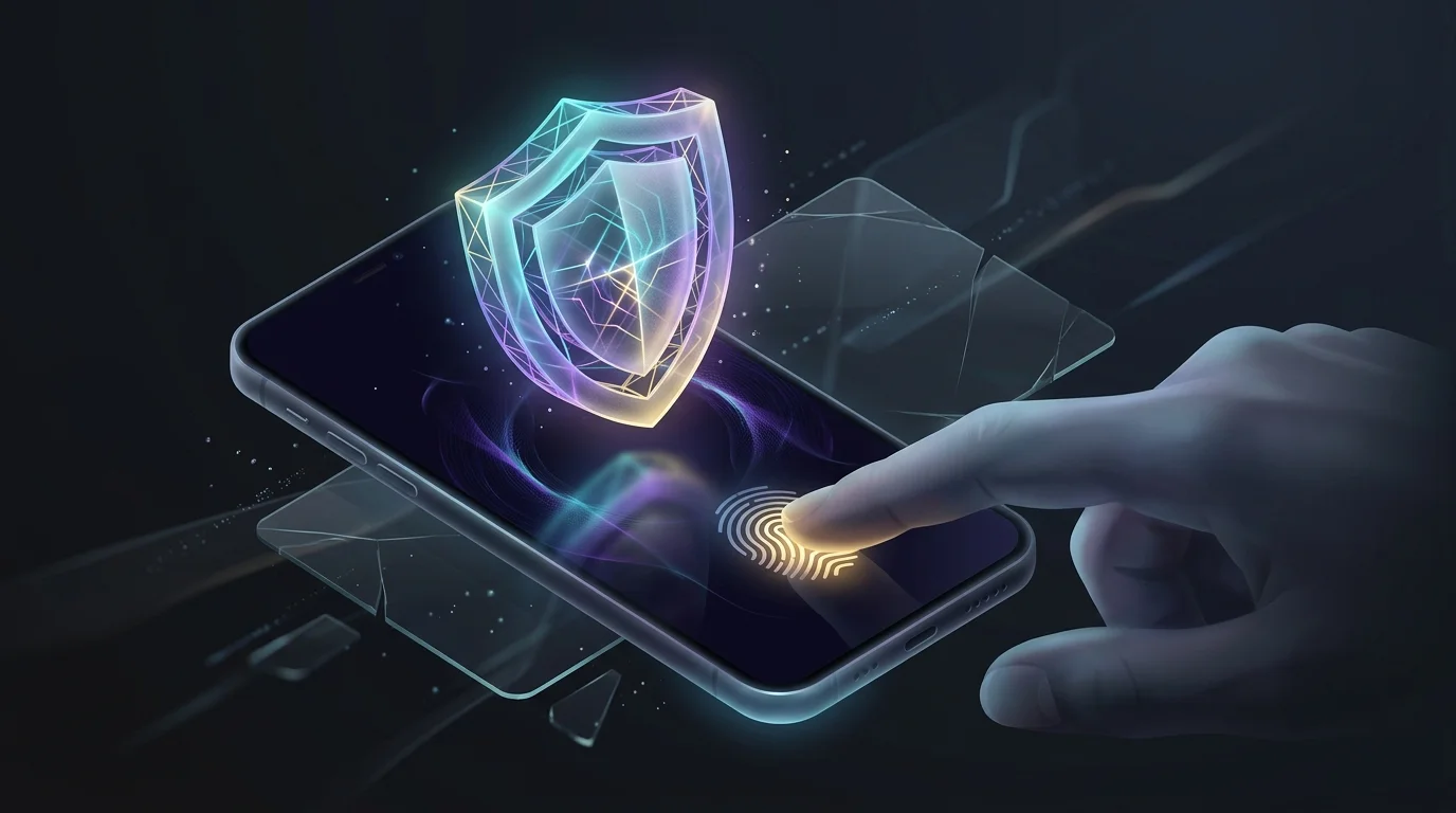 Hand unlocking a smartphone with a fingerprint scan and digital shield icon for secure digital wallet protection.