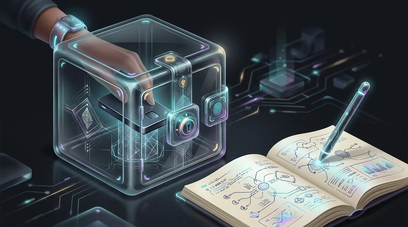 Hardware wallet secured in a locked case next to a ledger, following essential NFT insurance security protocols.