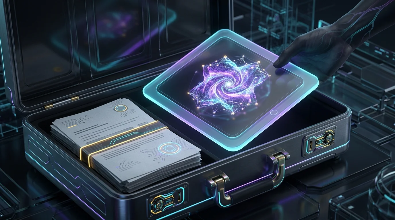Hand placing a digital NFT tablet and appraisal documents into a locked briefcase for insurance coverage.