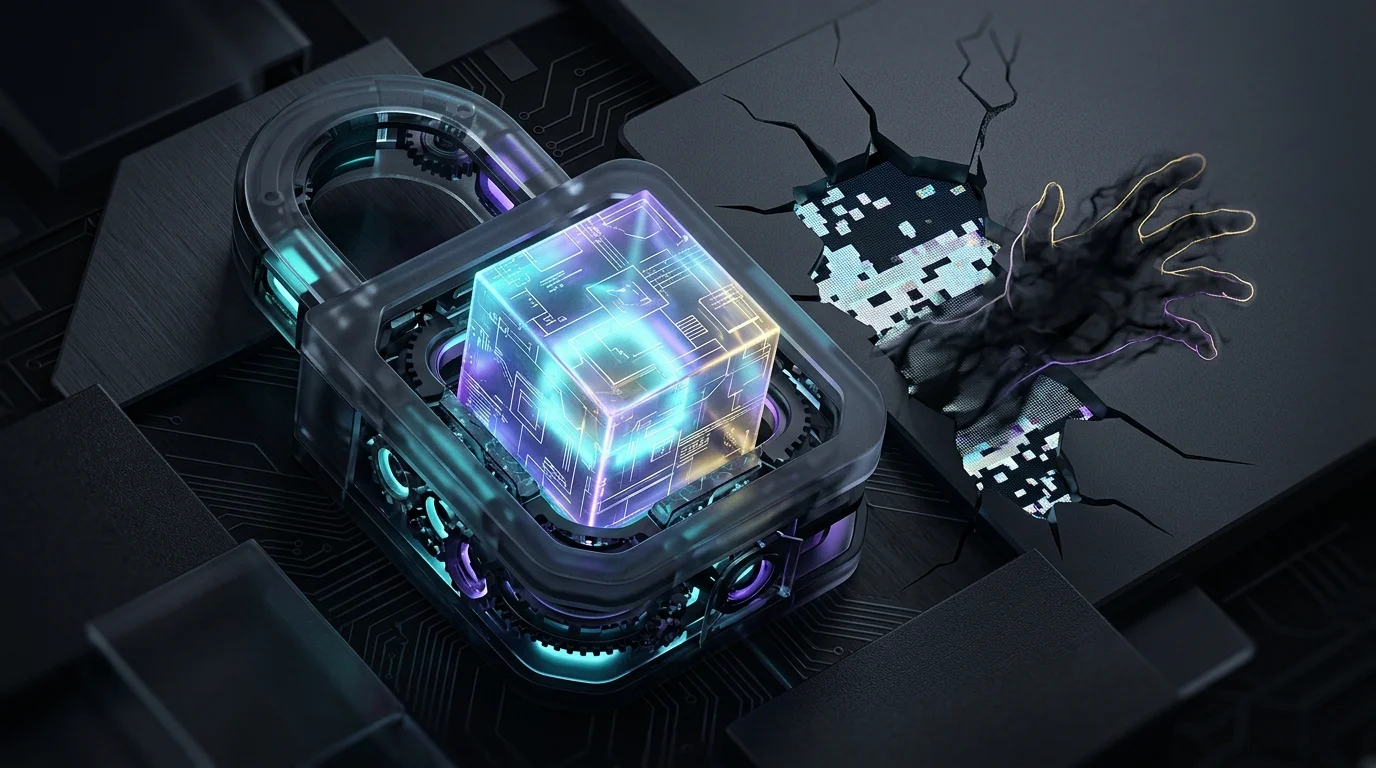 Digital padlock securing a data cube against a cyber threat to explain NFT insurance risks.