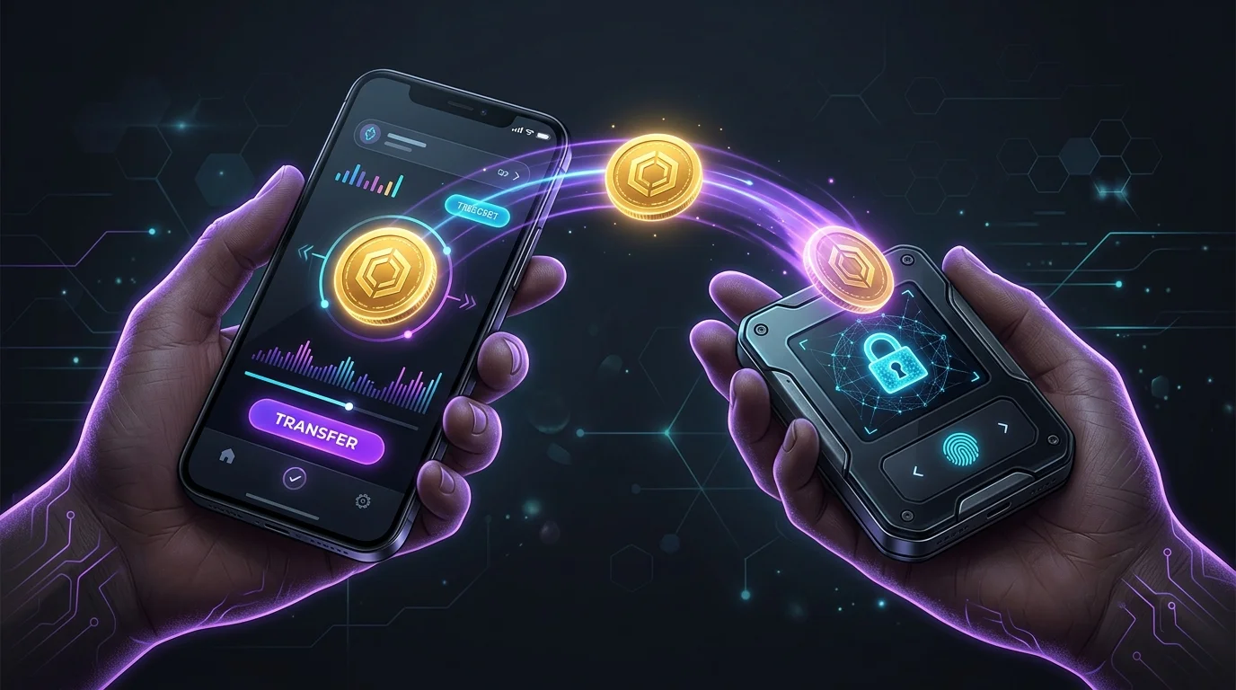 Transferring metaverse tokens from a mobile exchange app to a secure hardware wallet for safe storage.