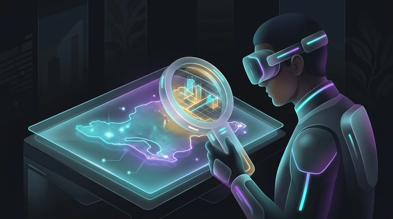 Person using a VR headset to inspect a pixelated virtual land plot for metaverse investment.