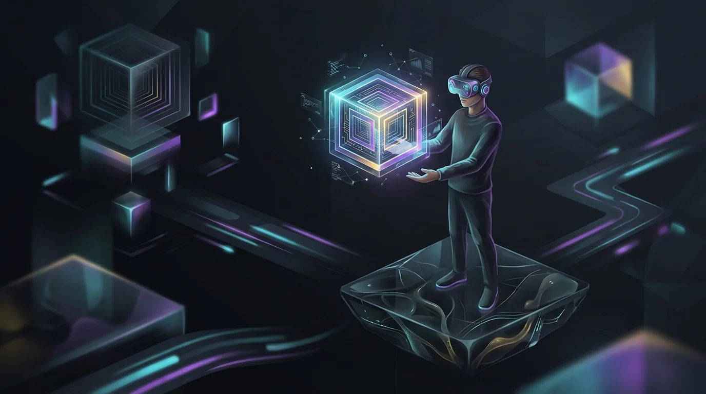 Person wearing a VR headset holding a glowing digital land cube to invest in the metaverse.
