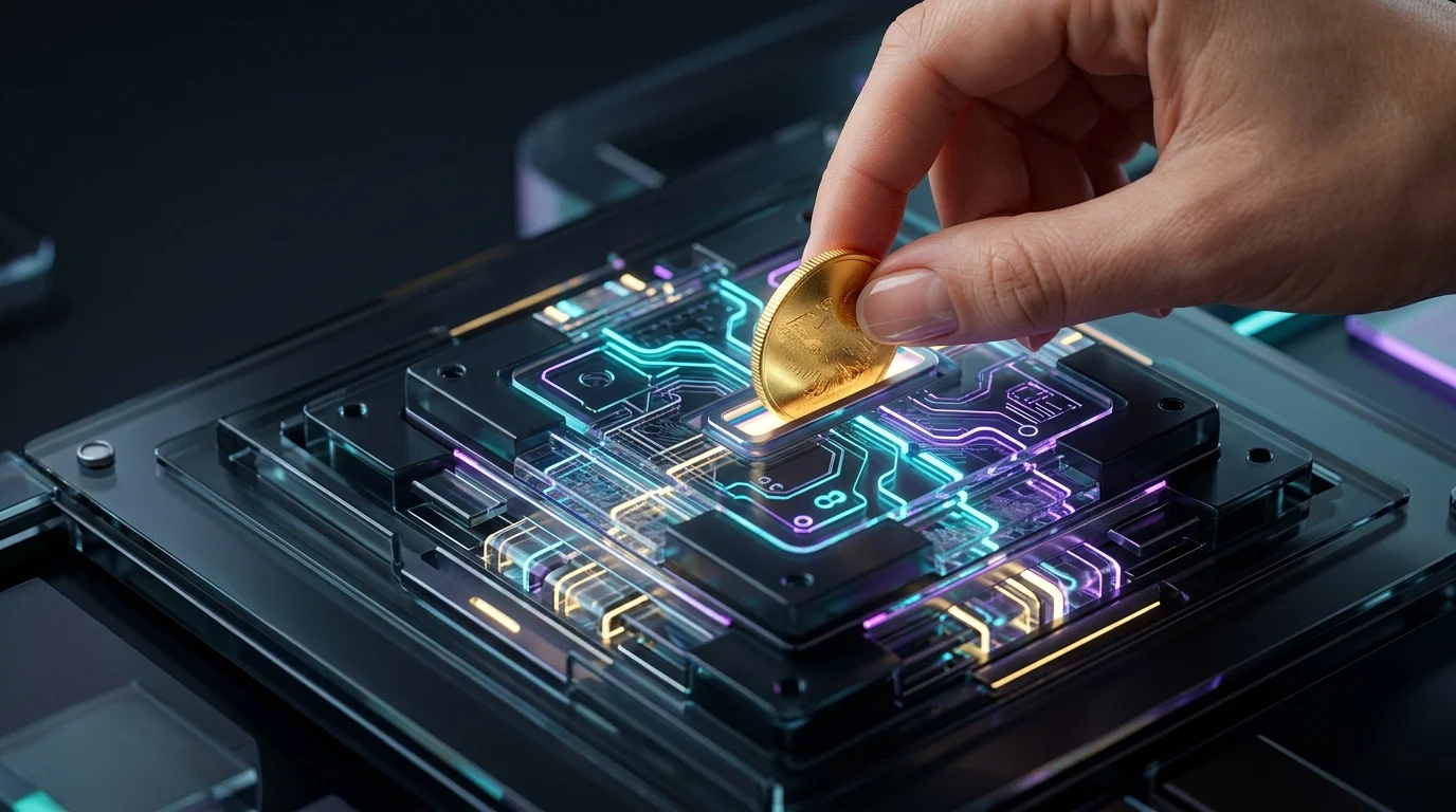 Gold coin placed into a glowing quantum processor on a stock market ticker board for quantum computing investment.