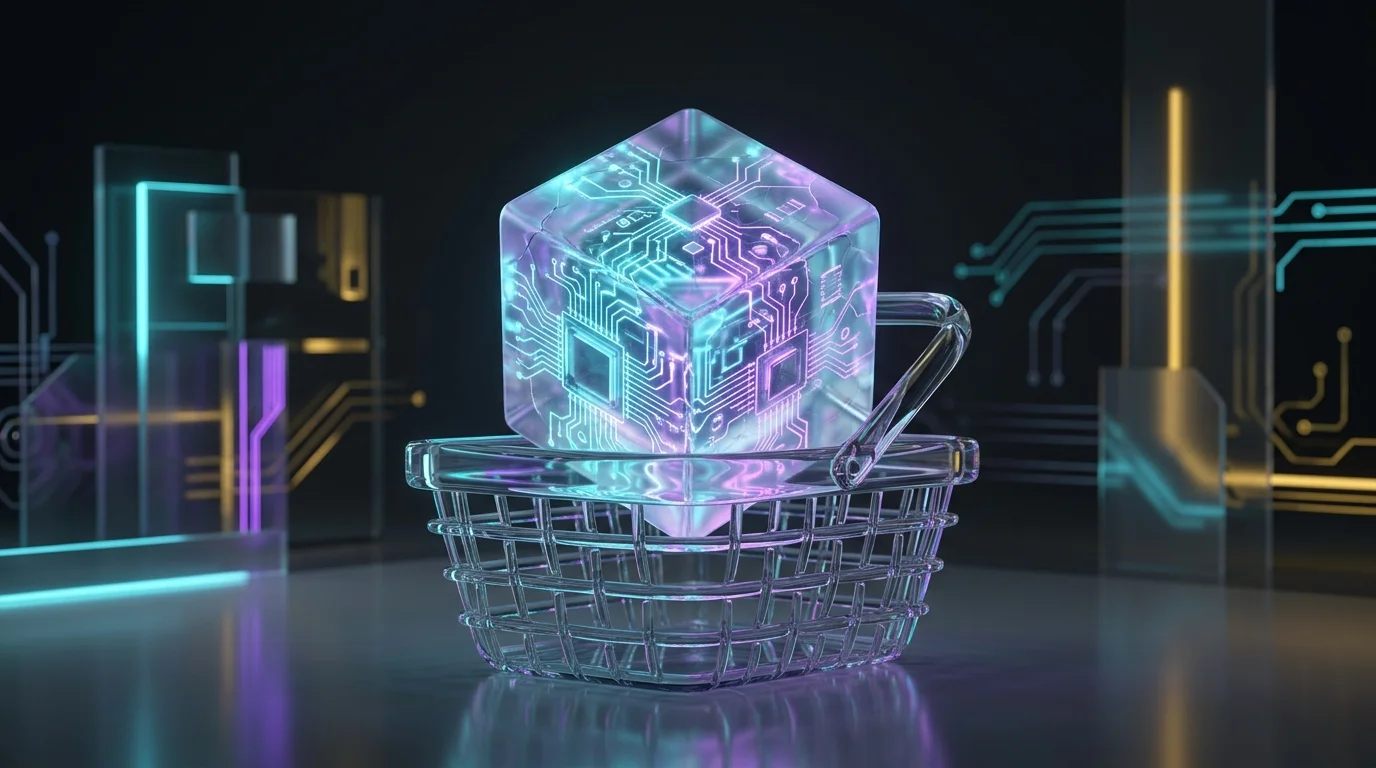 Glowing circuit cube in a glass shopping basket representing a diversified quantum computing ETF portfolio.