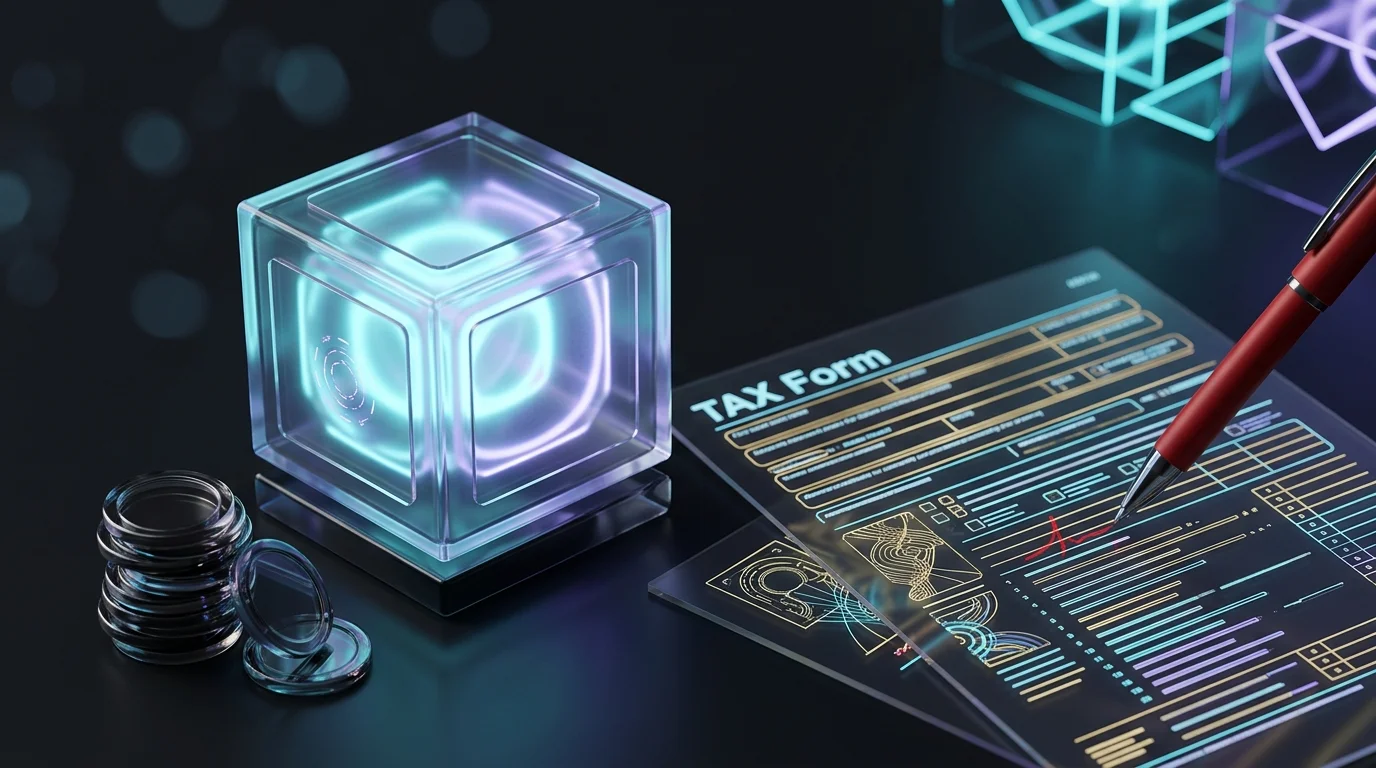 Glowing quantum cube next to coins and a tax form representing quantum computing investment tax considerations.