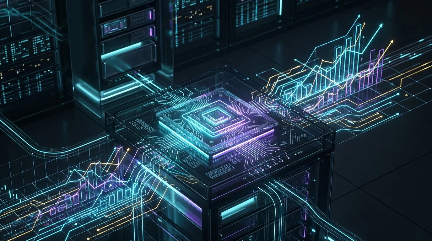Glowing silicon quantum chip in a server rack connected to financial growth data for quantum computing investment.