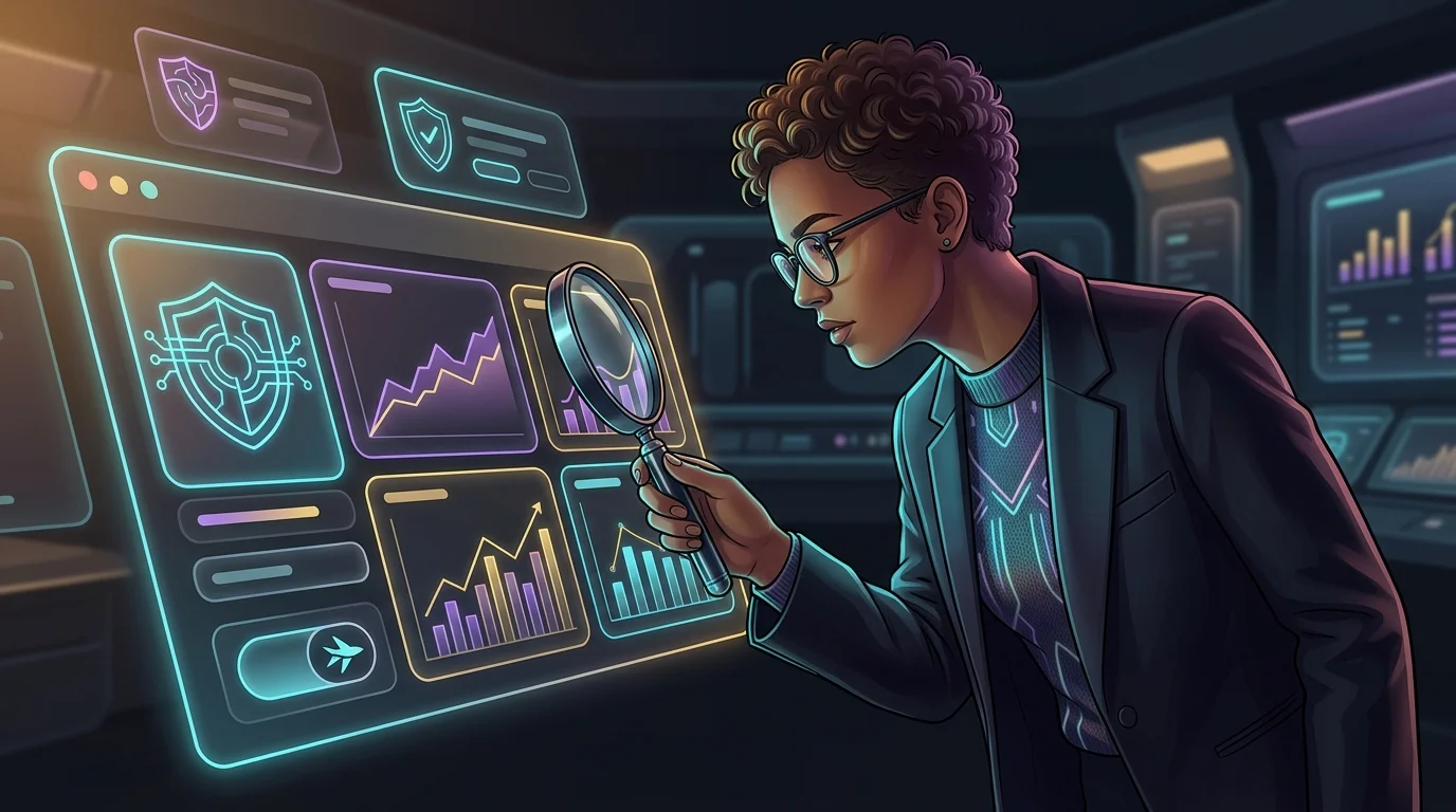Magnifying glass over a social trading platform dashboard highlighting security, fees, and practice modes.