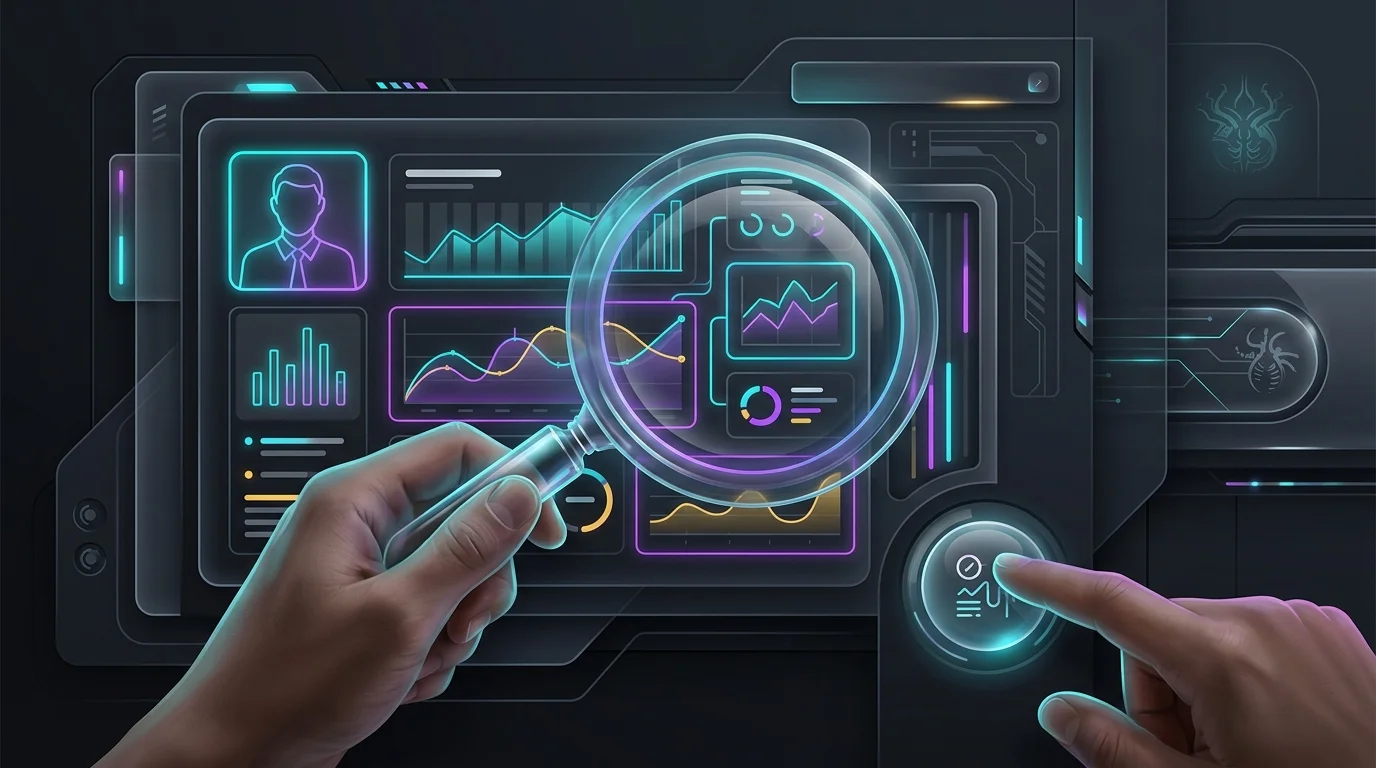 Magnifying glass inspecting a social trading profile and performance metrics to evaluate risk before copying a trader.