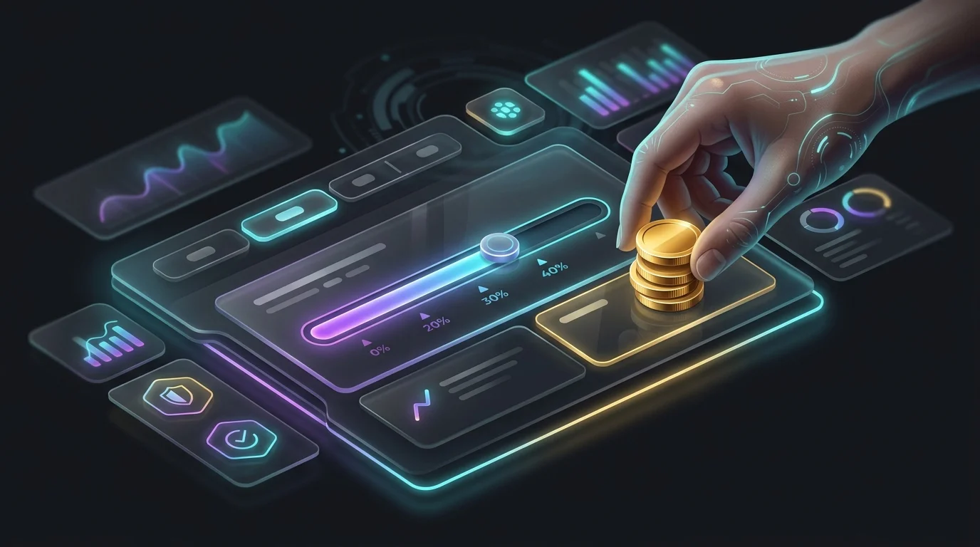 Hand placing coins on a digital social trading platform interface to configure copy-trading risk controls.