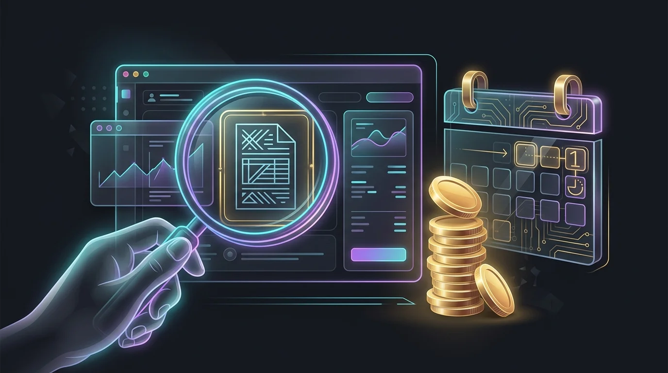 Magnifying glass over a social trading app tax form and coins with a one-year calendar to track capital gains.