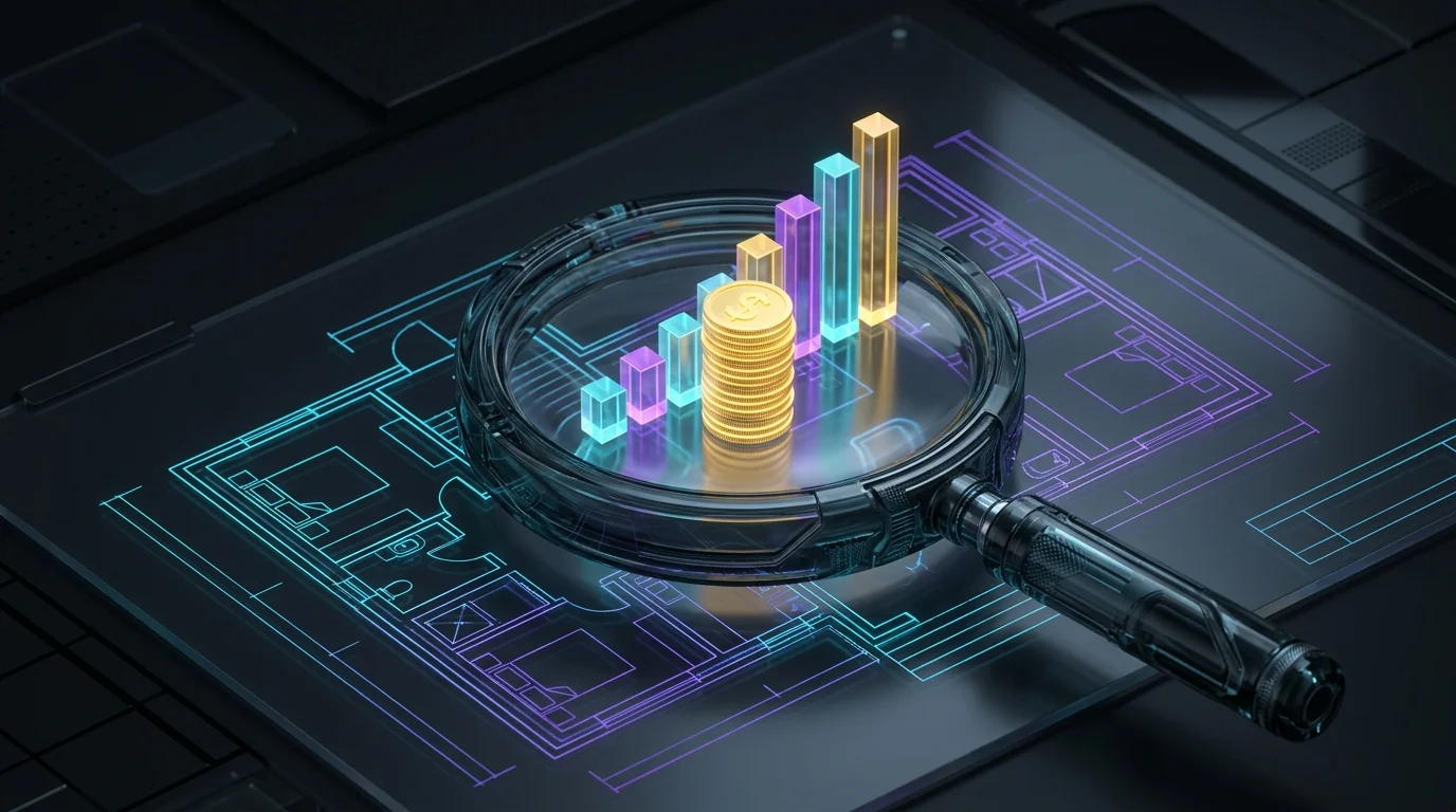 Magnifying glass over a blueprint showing gold coins and a rising graph for evaluating fractional real estate returns.