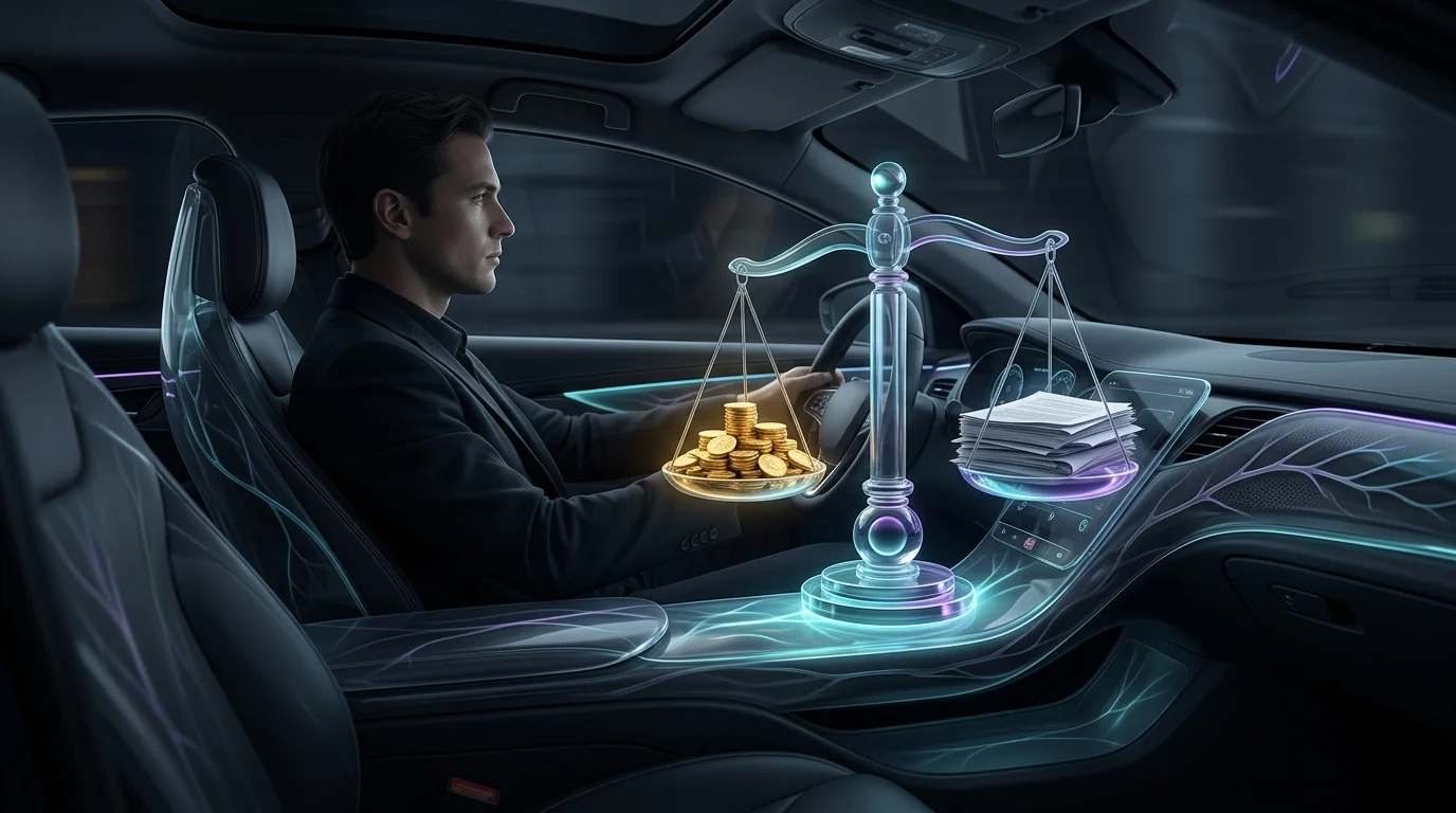 Driver in an autonomous vehicle weighing liability insurance coverage against potential legal costs and asset protection.