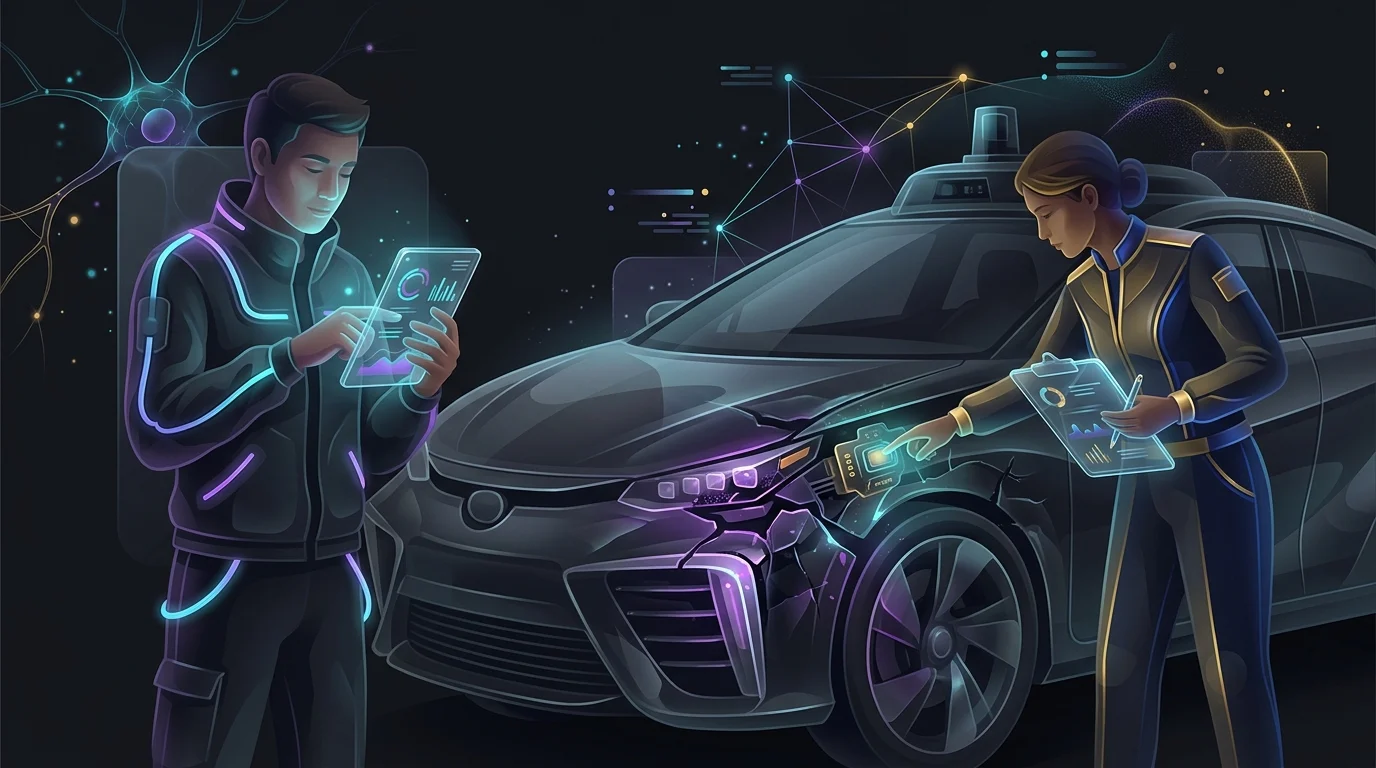Driver showing an autonomous vehicle data log to an insurance adjuster after a crash for a car insurance claim.
