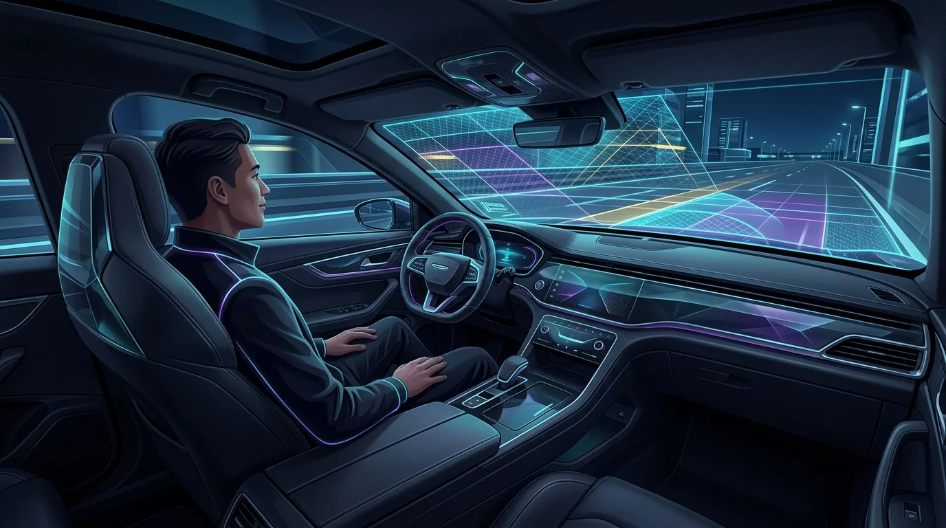 Driver sitting hands-free in an autonomous vehicle with a digital radar grid overlaying the road ahead.