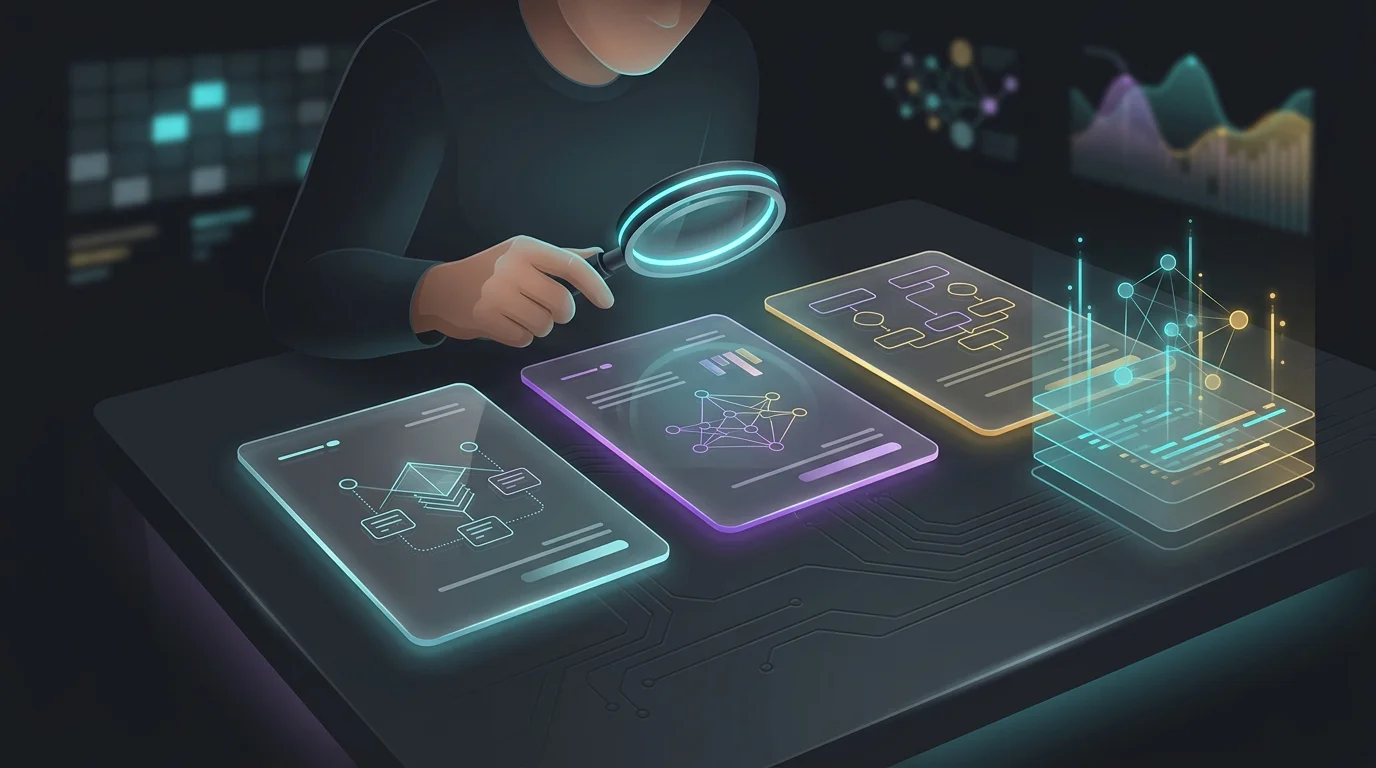 Person inspecting insurance policy documents and a blockchain ledger to compare smart contract insurance providers.