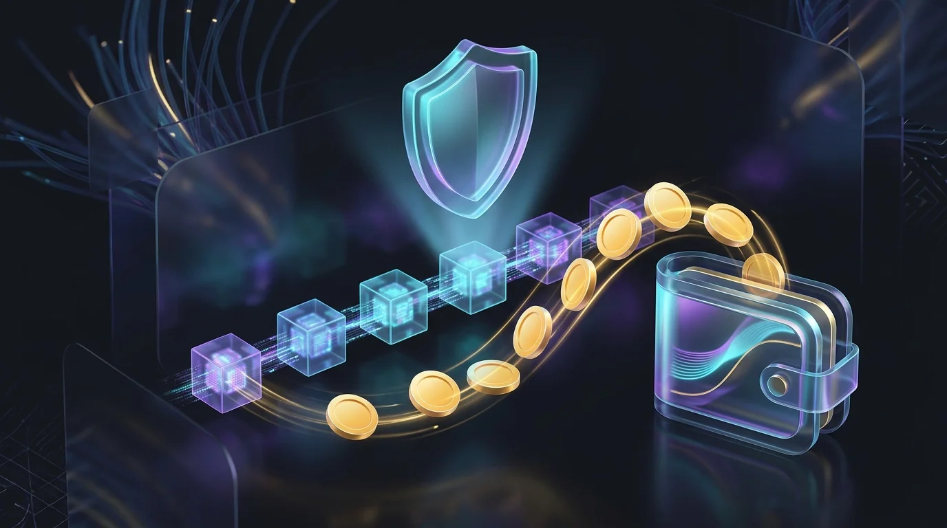 Digital shield protecting a blockchain ledger as automated smart contract insurance triggers a secure crypto payout.