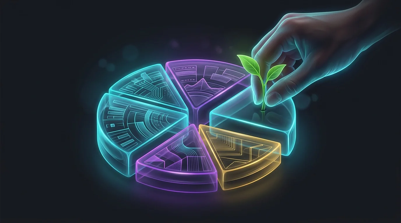 Hand placing a green seedling into a small slice of a financial pie chart to represent carbon portfolio diversification.