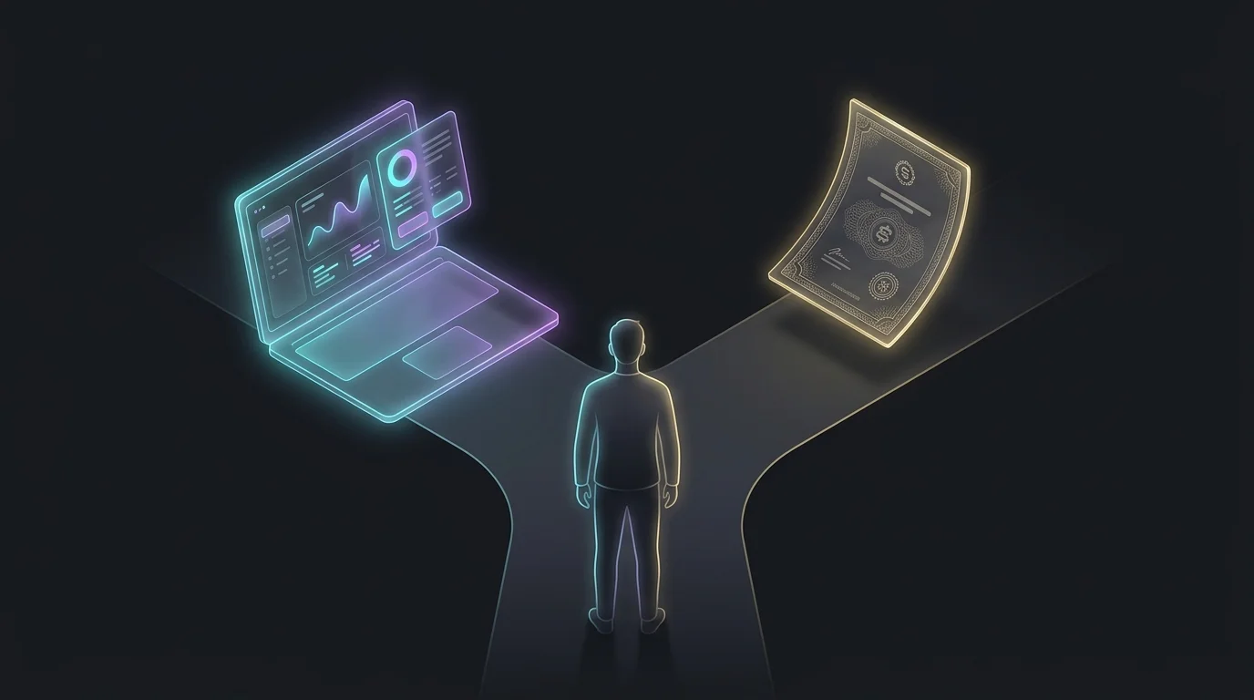 Person at a crossroads choosing between a digital carbon credit ETF platform and direct investment documents.