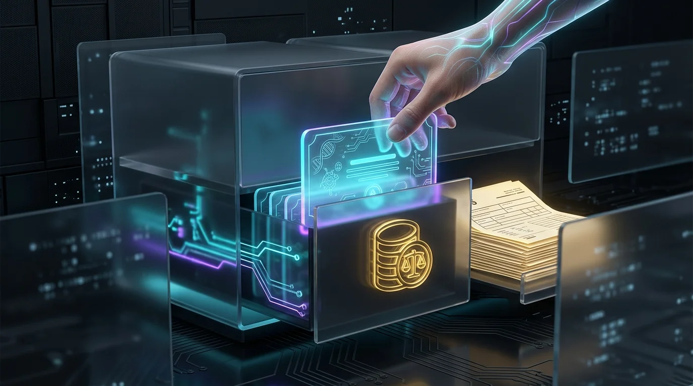 Hand placing a carbon credit certificate into a tax filing drawer alongside IRS forms for carbon market investment.