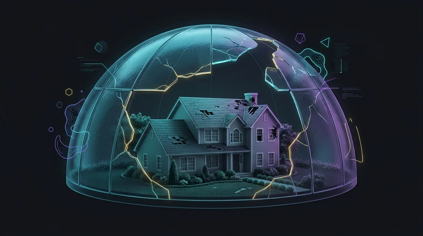 Suburban house under a cracked glass dome representing common homeowners insurance exclusions.