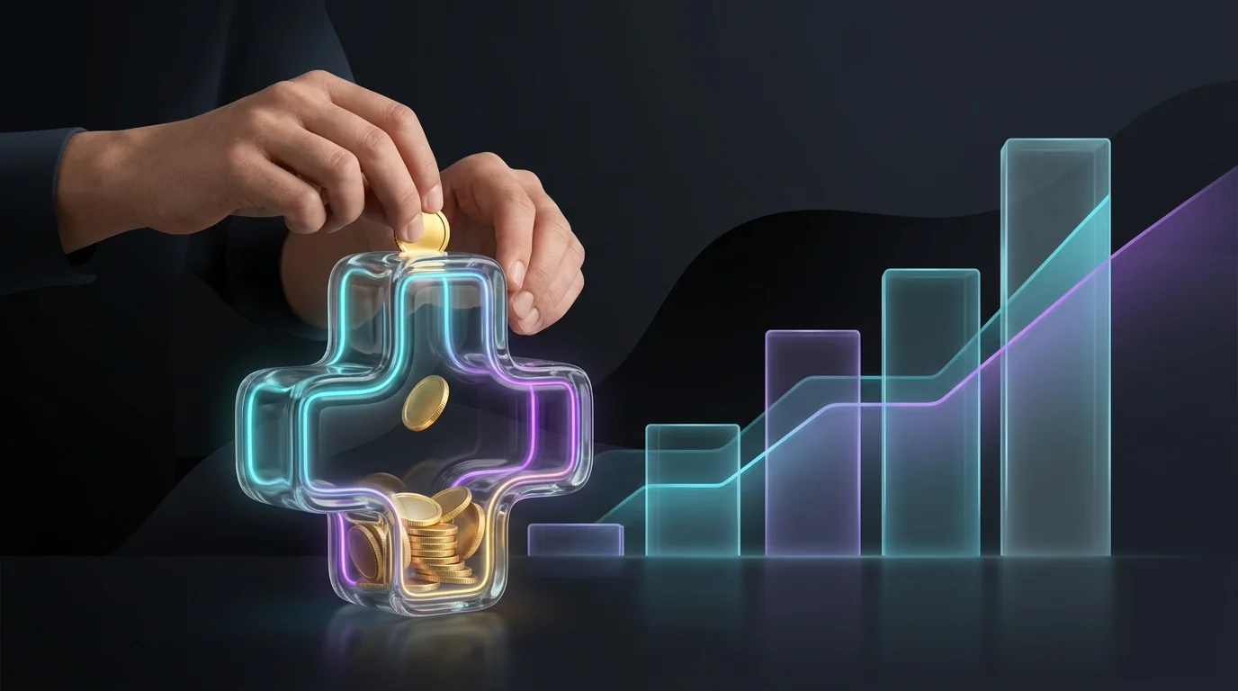 Person adding gold coins to a medical cross piggy bank to illustrate tax-advantaged health savings account benefits.