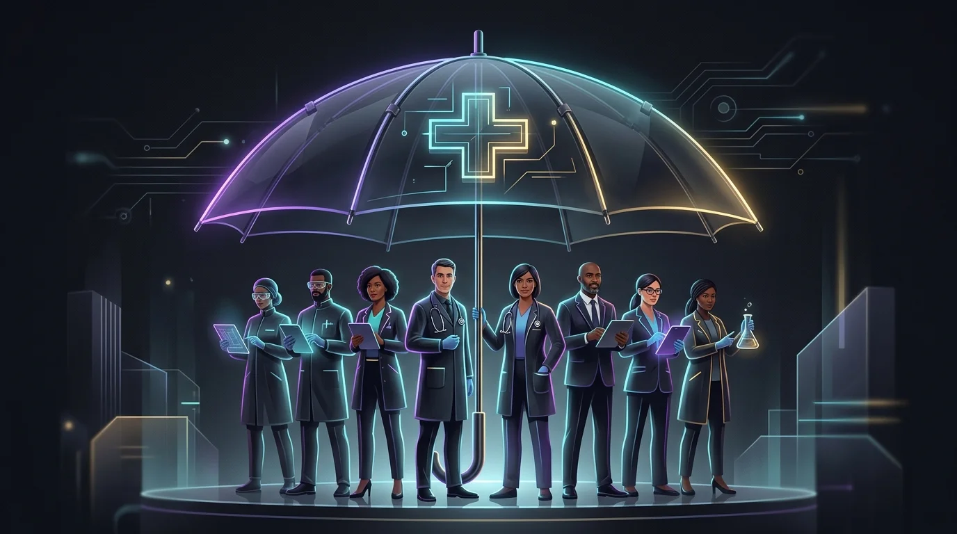 Diverse professionals standing under a large medical umbrella representing group health insurance for freelancers.