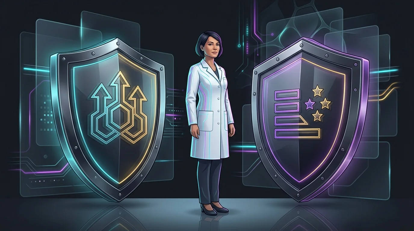 Doctor standing between two shields representing Guardian's high-rated financial protection for disability insurance.