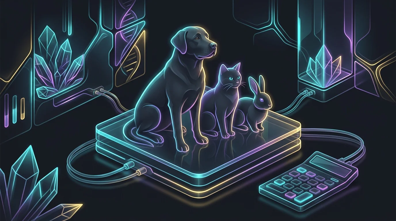 Labrador, cat, and rabbit sitting on a scale with a calculator representing multi-pet insurance cost estimates.
