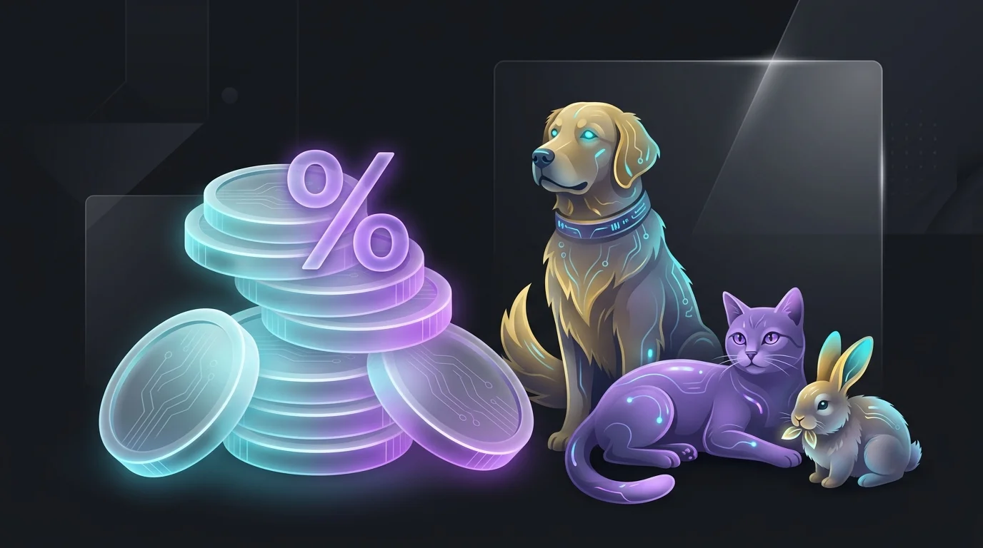 Diverse pets next to a stack of coins with a percentage symbol to represent multi-pet insurance discounts.