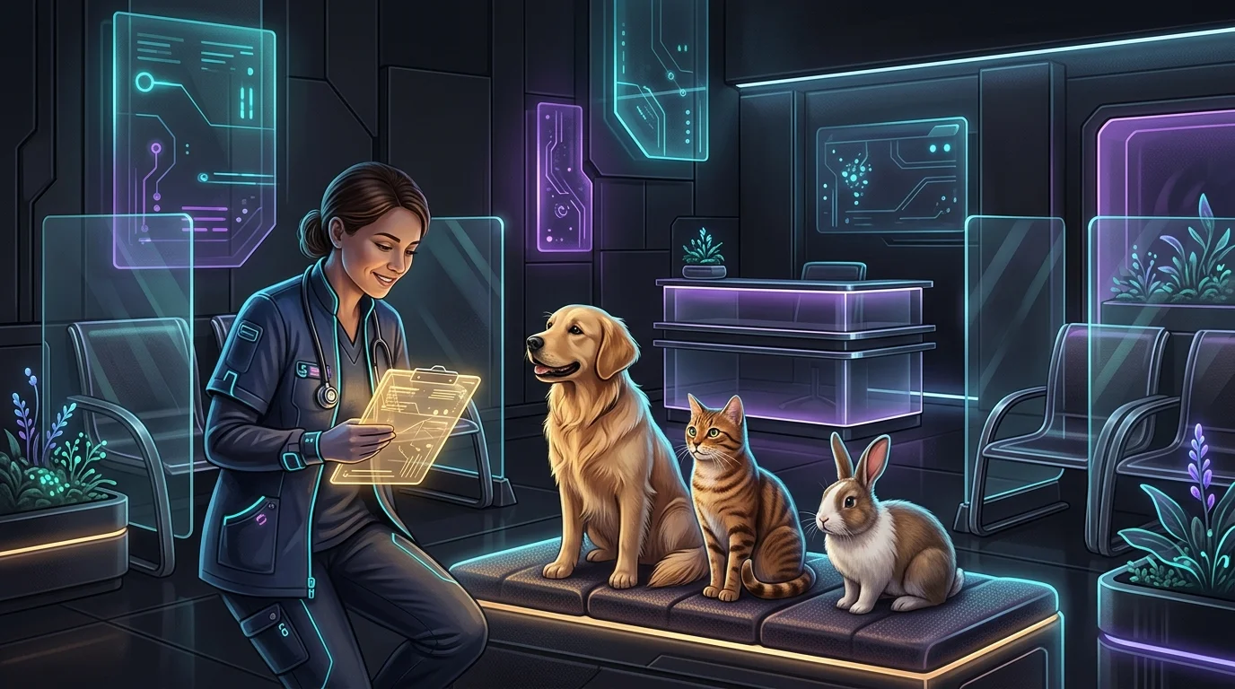 Veterinarian smiling at a golden retriever, tabby cat, and rabbit in a multi-pet insurance consultation.