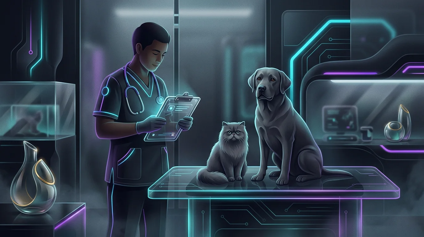 Veterinarian with a Labrador and Persian cat on an exam table to discuss multi-pet insurance coverage.