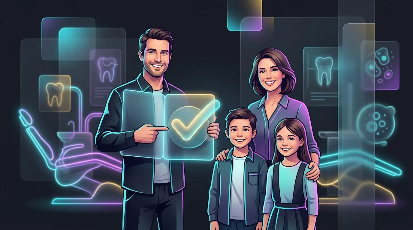 Smiling family reviewing a dental insurance plan document with a checkmark in a modern clinic.
