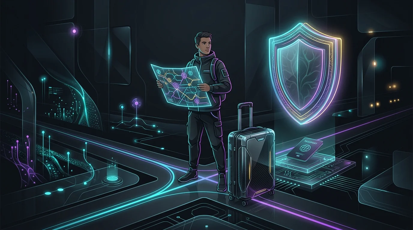 Traveler with a map and protective shield icon representing travel insurance coverage for international trips.